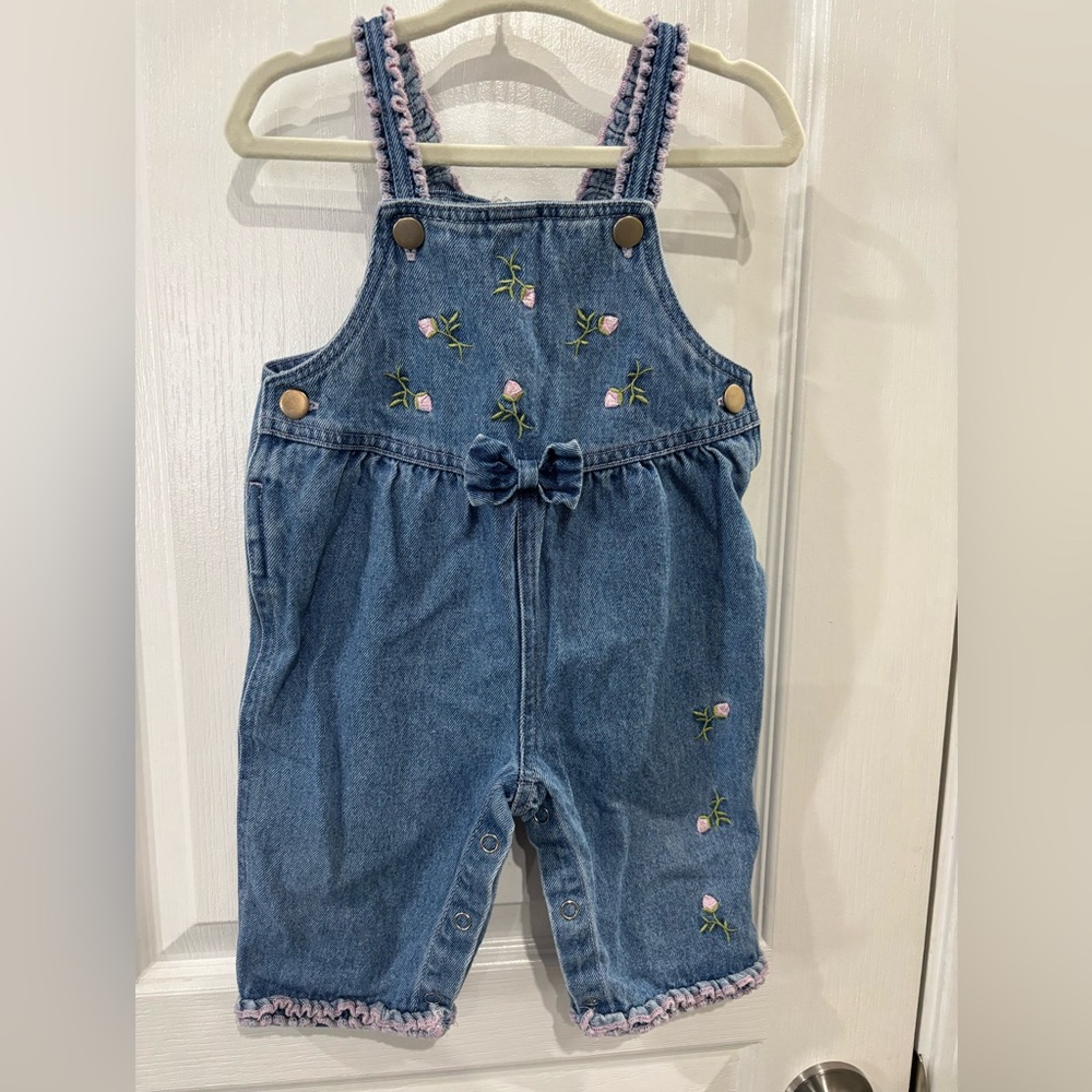 VTG Blue Denim Overalls with Floral Embroidery